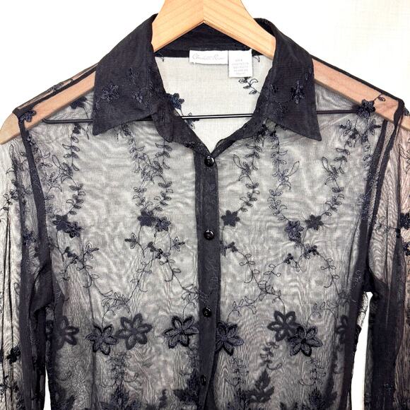CHARLOTTE RUSSE Mesh Top Womens L Button Down Floral Embroidered Sheer Fairygoth - Picture 2 of 10